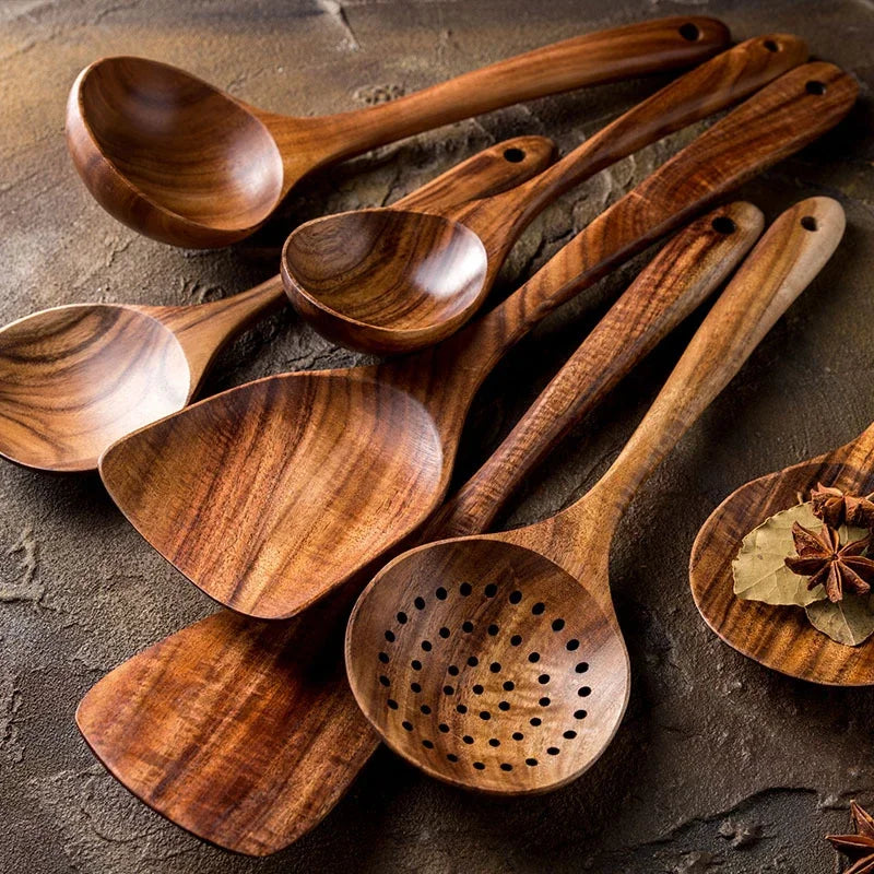 Conjunto de Utensílios de Cozinha em Madeira de Teca Natural - 7 Peças/5 Peças/Suporte de Madeira para Utensílios. Frete Grátis!