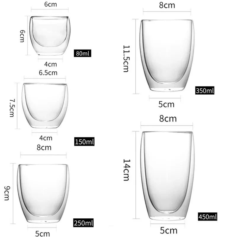 Conjunto de 6 Copos com 5 Tamanhos - Canecas de Vidro Transparente com Parede Dupla Isolada para Café, Chá, Leite, Suco, Água, Espresso. Frete Grátis!