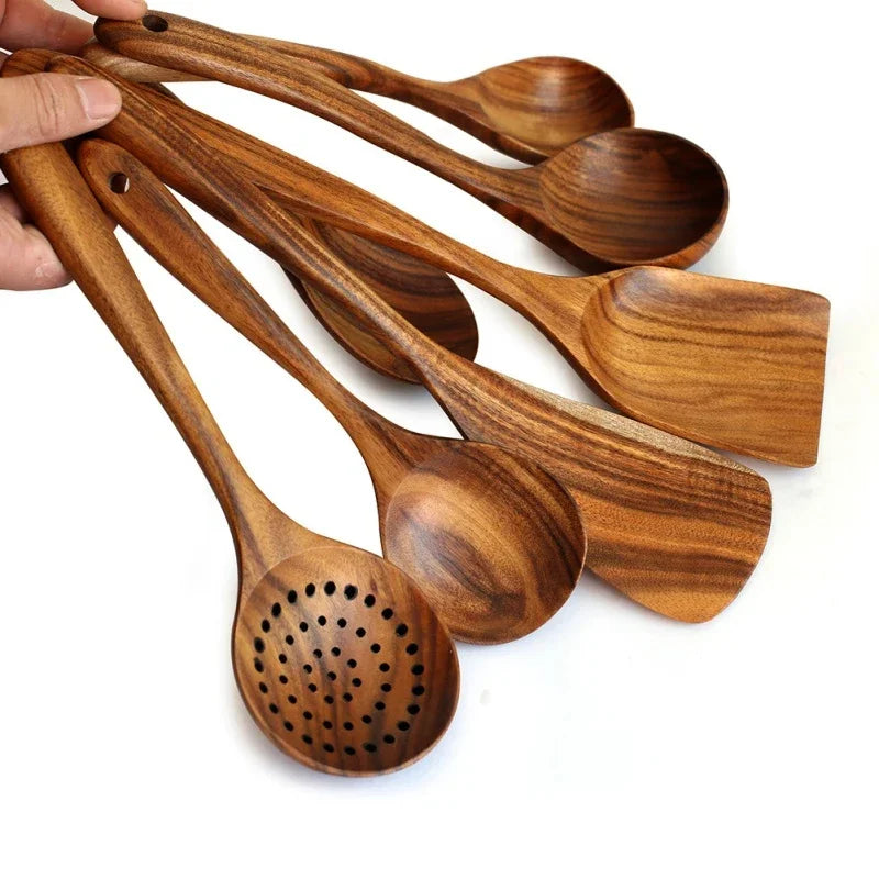 Conjunto de Utensílios de Cozinha em Madeira de Teca Natural - 7 Peças/5 Peças/Suporte de Madeira para Utensílios. Frete Grátis!