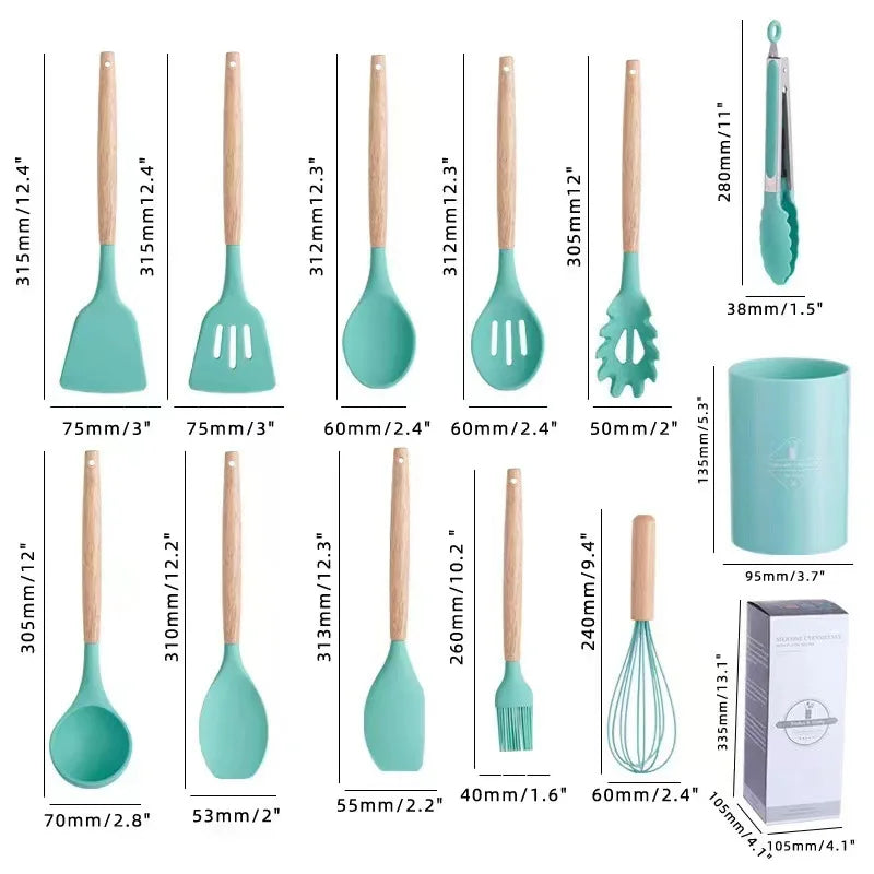 Conjunto de 12 Utensílios de Cozinha em Silicone com Cabo de Madeira - Espátula, Pá, Batedores de Ovo, Antiaderente - Frete Grátis!