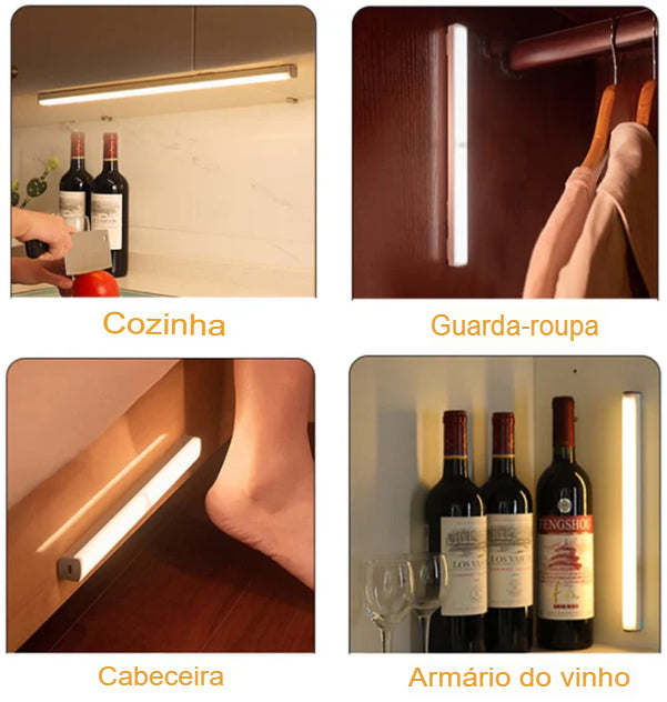 Luz Noturna LED com Sensor de Movimento Sem Fio, Recarregável via USB Tipo C, para Armários, Guarda-Roupas, Escadas e Cozinhas. Frete Grátis!