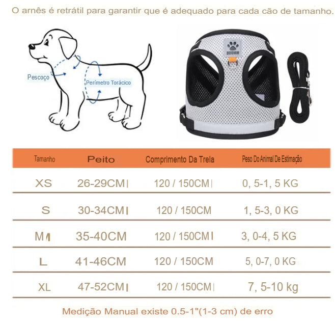 Coleira Peitoral para Pets. Conjunto de Arnês e Guia Refletivo para Segurança de Pets Pequenos e Médios.