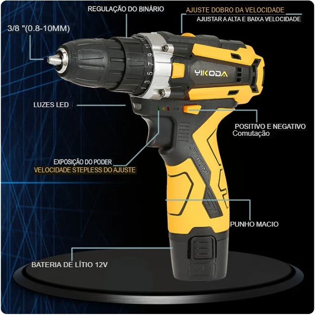 Furadeira/Parafusadeira Sem Fio YIKODA 12V/16.8V/21V Recarregável com Bateria de Lítio, Ferramenta Elétrica Multiuso para Uso Doméstico, 2 Velocidades. Frete Grátis!