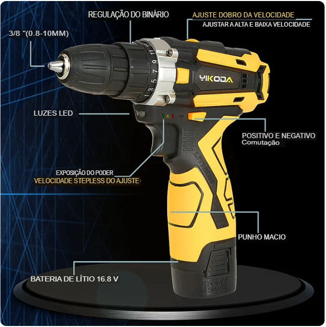 Furadeira/Parafusadeira Sem Fio YIKODA 12V/16.8V/21V Recarregável com Bateria de Lítio, Ferramenta Elétrica Multiuso para Uso Doméstico, 2 Velocidades. Frete Grátis!