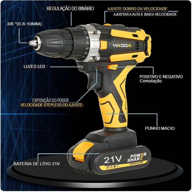 Furadeira/Parafusadeira Sem Fio YIKODA 12V/16.8V/21V Recarregável com Bateria de Lítio, Ferramenta Elétrica Multiuso para Uso Doméstico, 2 Velocidades. Frete Grátis!