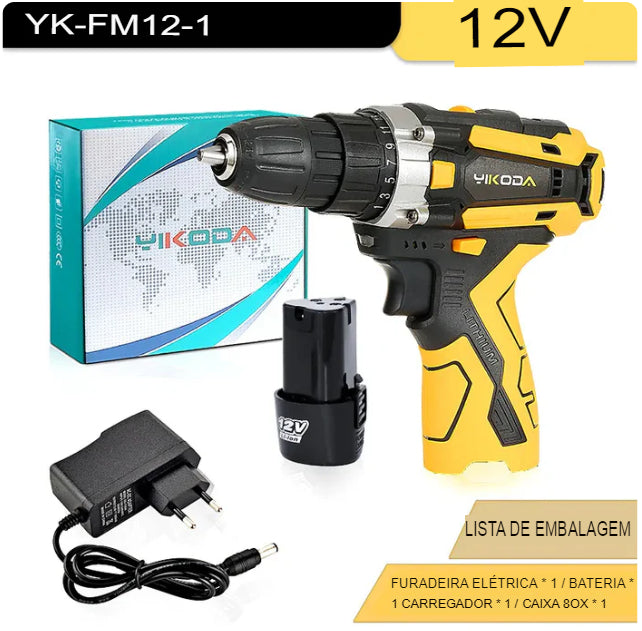 Furadeira/Parafusadeira Sem Fio YIKODA 12V/16.8V/21V Recarregável com Bateria de Lítio, Ferramenta Elétrica Multiuso para Uso Doméstico, 2 Velocidades. Frete Grátis!